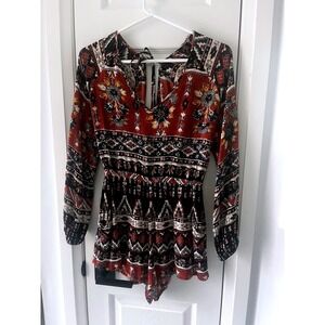 Billabong Womens Boho Floral Geometric Long Sleeve Romper Rust Tribal Medium